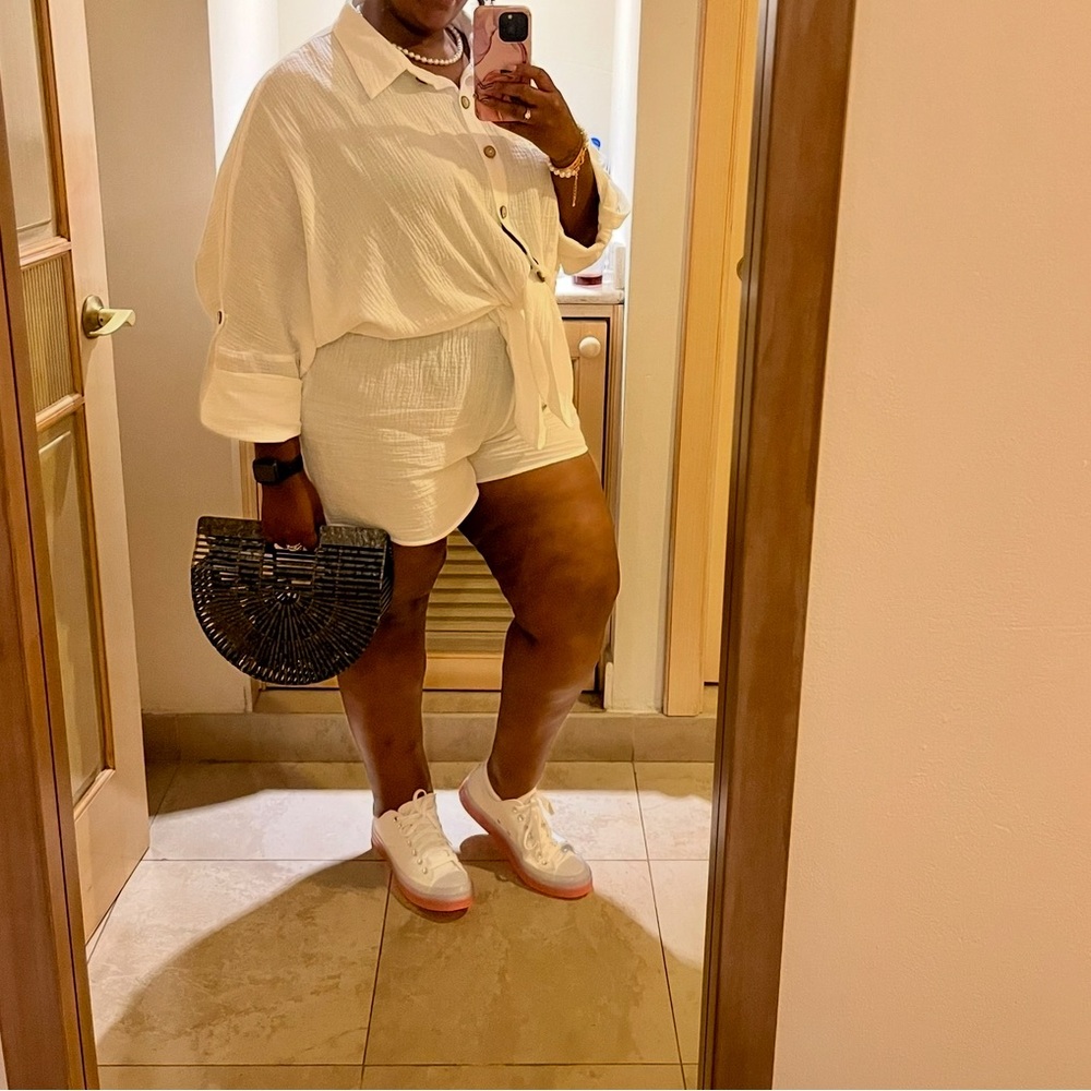 SHEIN White Button-Up Shirt and Shorts Set